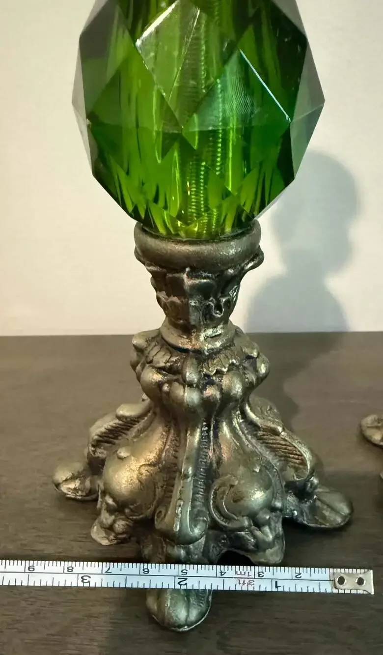 Vintage Hollywood Regency Metal Candlestick Holders with Green Lucite Orbs - Set